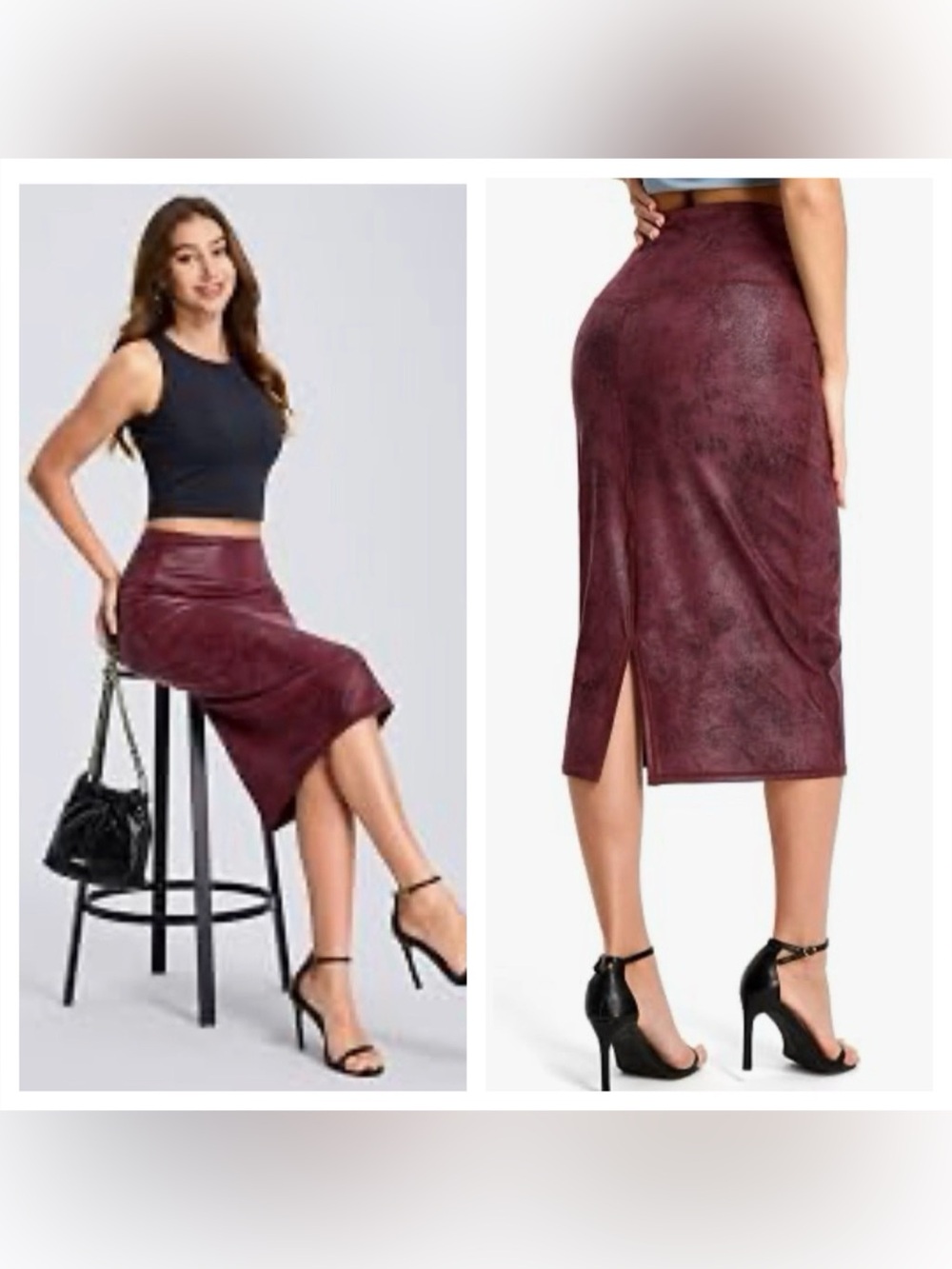 Faux Leather Red Bodycon Midi Skirt